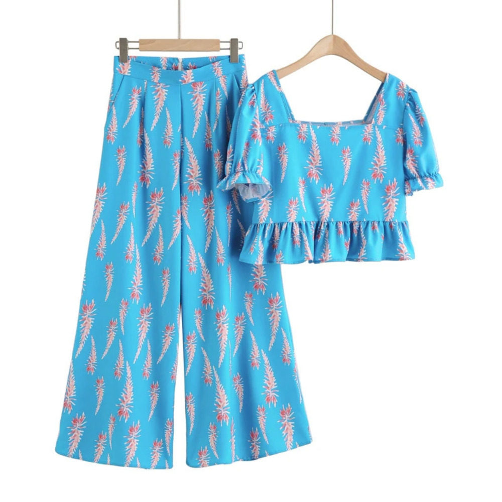 Spring Cartoon Print Short Sleeve Top and Wide Leg Pants Set